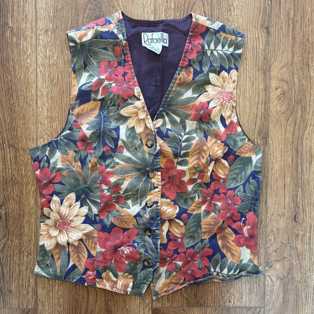 Vintage 90s Rafaella Tapestry Vest Linen Cotton Floral Womens L Tropical Boho